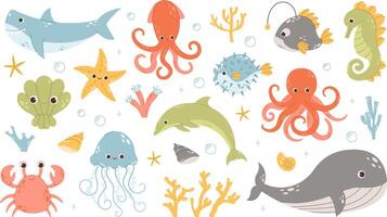 Set with hand drawn sea life elements in flat style. doodle cartoon set of sea life objects for your design. Underwater marine fauna vector
