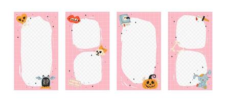 Happy Halloween social media frame template and stories. vertical cute backgrounds with decorative elements, grave, pumpkin, voodoo doll, skull. Instagram stories vector
