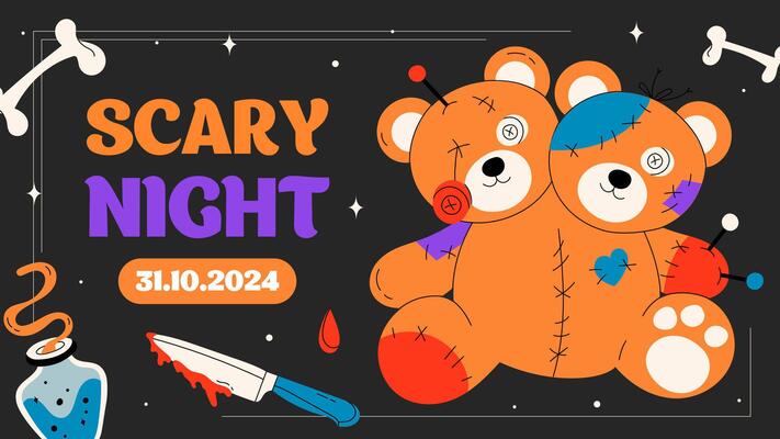 Halloween modern minimalistic design template for Website, greeting or promo banner, flyer, poster in flat style with voodoo dooll bear and other traditional Halloween elements on dark background