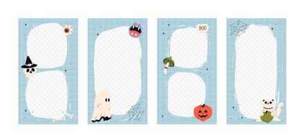 Halloween social media stories templates with cute holiday characters. Cute layout and templates with decorative frame. stock design in flat style with skull, pumpkin, cat, spider web. vector