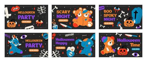Set of Modern minimalistic Happy Halloween design templates for website, greeting, banner, flyer, poster in flat style with voodoo doll and other traditional Halloween elements on dark background. vector