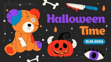 Halloween modern minimalistic design template for Website, greeting or promo banner, flyer, poster in flat style with voodoo dooll and other traditional Halloween elements on dark background. vector