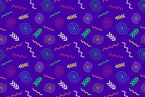 Colorful seamless Memphis pattern with geometric shapes, arrows, and zigzags on a purple background. Ideal for textile, print, and digital use. vector