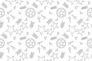 A Memphis style retro coloring page featuring geometric shapes, stars, and arrows. Perfect for creative, fun, and nostalgic design projects. vector