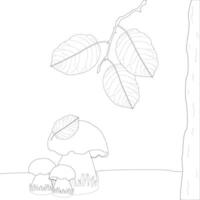 Childrens coloring books. Three mushrooms are standing in the grass, above them is a branch with autumn leaves, a tree stands nearby, fall. black and white drawing vector