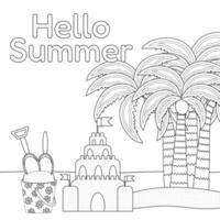 Fun summer beach coloring page with sandcastle, scoops, palm trees, and Hello Summer text. Perfect for kids creative play and beach-themed activities. vector