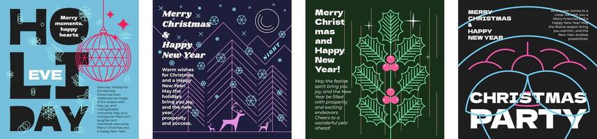 Merry Christmas and Happy New Year holiday party night minimal style abstract linear graphic square banner set. Celebration mistletoe branch and reindeer decoration print. Modern trendy art eps design vector