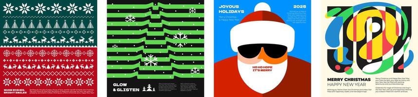 Merry Christmas and Happy New Year abstract square banner. Winter festive event graphic decoration greeting card. Ugly sweater pattern and Santa Claus on trendy print. Modern fir tree y2k art cover vector