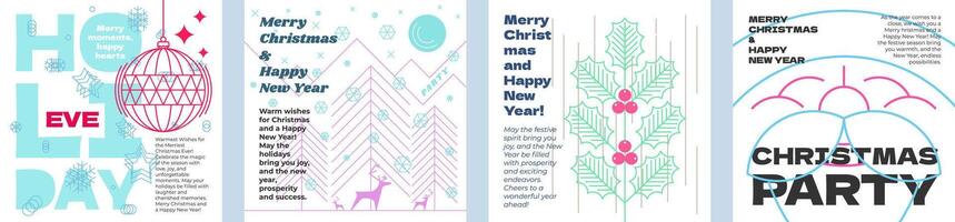 Merry Christmas and Happy New Year holiday abstract style graphic square banner set. Linear smiling Santa Claus and mistletoe branch on winter celebration eps greeting card. Modern trendy reindeer art vector
