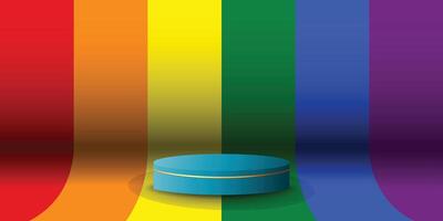 Podium display color, with LGBTQ flag background. Modern studio, wall scene fashion, stage podium scene with for Award Ceremony. 3D rendering. vector