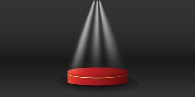 White spotlights on podium display color with black background. Modern studio, wall scene fashion, stage podium scene with for Award Ceremony. 3D rendering. vector