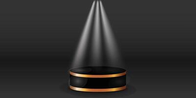 White spotlights on podium display color with black background. Modern studio, wall scene fashion, stage podium scene with for Award Ceremony. 3D rendering vector