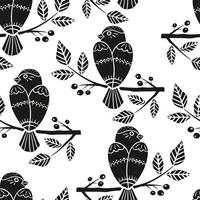 Seamless pattern Spring bird sitting on a branch with flowers and berries in linocut style vector