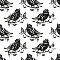 Seamless pattern Spring bird sitting on a branch with flowers and berries in linocut style vector