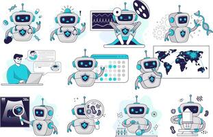 Future medicine with AI robot assistant concept. Modern healthcare practices. Innovative methods of diagnosis and treatment. Telemedicine, laboratory tests, surgery, disease monitoring vector