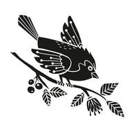Spring bird sits on a branch with flowers and berries in linocut style vector