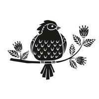 Spring bird sits on a branch with flowers and berries in linocut style vector