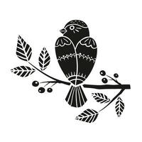 Spring bird sits on a branch with flowers and berries in linocut style vector