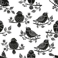 Seamless pattern Spring bird sitting on a branch with flowers and berries in linocut style vector