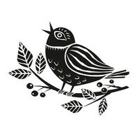 Spring bird sits on a branch with flowers and berries in linocut style vector