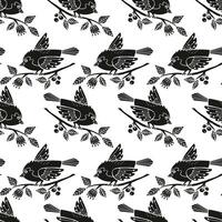 Seamless pattern Spring bird sitting on a branch with flowers and berries in linocut style vector