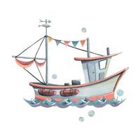 A fishing boat with a mast, a garland of flags and sails floating on waves with bubbles. Hand drawn watercolor illustration on the theme of sea fishing. Composition isolated from the background. vector