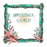 A square frame made of sticks with a jute rope, a rope with corals and starfish. Watercolor illustration. Banner from a large set of WHALES. For decoration and design of marine and beach accessories. vector