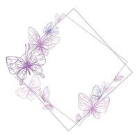 Butterflies are pink, blue, lilac, flying, delicate line art. Graphic illustration hand drawn in pink, lilac ink. rhombus frame, template EPS vector