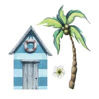 Wooden beach house with coconut palm and plumeria flower. Watercolor illustration. Mini set of isolated objects on a white background in cartoon style. For the decoration of the beach and summer. vector