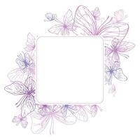 Butterflies are pink, blue, lilac, flying, delicate line art. Graphic illustration hand drawn in pink, lilac ink. Square frame, template EPS vector