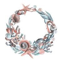 Seashells, starfishes, bubbles, algae and corals turquoise. Watercolor illustration hand drawn. Circle frame, wreath, template on a white background. vector