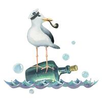 A sea gull with a tobacco pipe and a captain s cap floats through the waves on a glass bottle of rum. Hand drawn watercolor illustration. Composition isolated from background vector