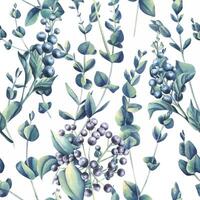 Eucalyptus twigs with decorative berries on a white background. Watercolor illustration. A delicate, simple, seamless pattern from the WEDDING FLOWERS collection. For decoration and design vector