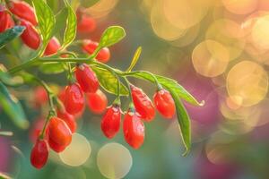 Close-up image of vibrant red goji berries hanging on a branch with lush green leaves in the foreground photo