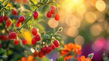 Close-up image of vibrant red goji berries hanging on a branch with lush green leaves in the foreground photo