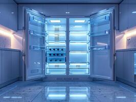 Modern empty refrigerator with open door photo