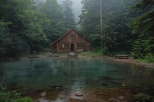 A log cabin sits peacefully by a crystal-clear stream in a dense forest, with people swimming in the water. The peaceful surroundings evoke tranquility and relaxation. photo