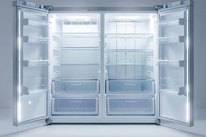 Modern empty refrigerator with open door photo