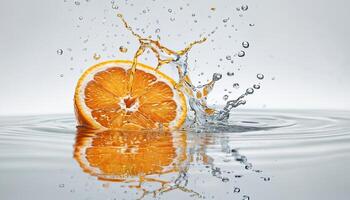 Orange slices in water smooth surface. Bright upright on wet surface photo