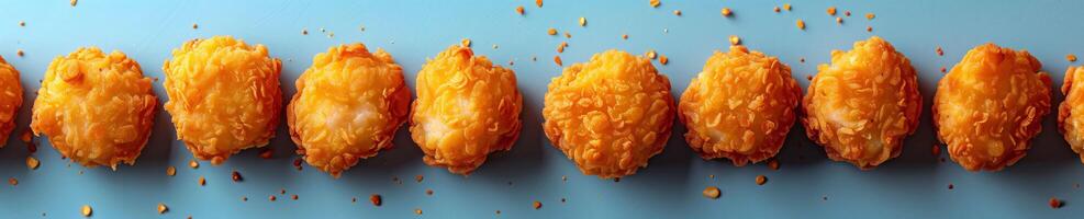 Crispy, golden chicken nuggets arranged in a row on a light blue background, showcasing perfectly fried, crunchy texture, chicken nugget concept photo
