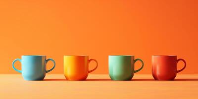 Four colorful coffee mugs on bright orange background, each mug a different color neatly arranged in a row, bright vibrant setup, home decor item concept photo