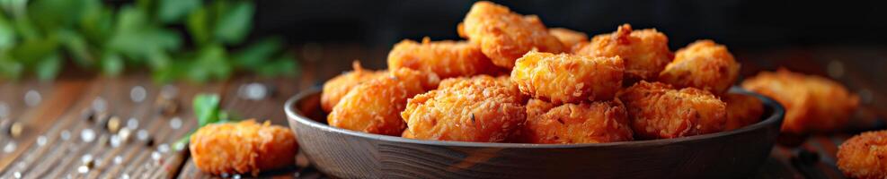 The photo is of a bowl filled with crispy, golden, fried chicken nuggets on a wooden table, delicious snack concept