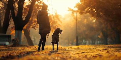 The joy of walking a dog in autumn park at sunset, trees and fallen leaves creating warm atmosphere, woman in coat and hat silhouette, autumn evening walk concept photo