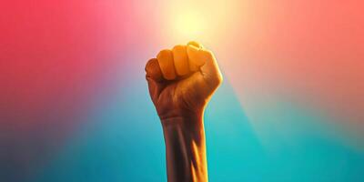 Powerful raised fist against vibrant gradient background, symbolizing strength, unity, empowerment, and resilience, vibrant empowerment concept photo