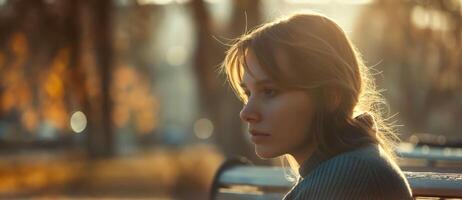 Young woman in contemplation on park bench, sunlight filtering through trees, serene setting in autumn, introspective mood, solitude concept photo
