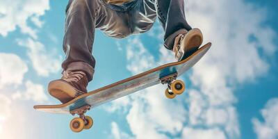 Close-up view of skateboarder performing aerial trick against cloudy sky, capturing motion, excitement, urban sport concept photo