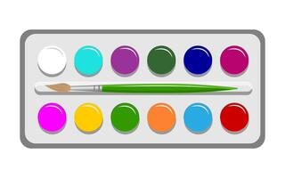 Box with Watercolor paints with Brush, top view on white background. Colorful Watercolor palette. Element Back to School. Watercolor paints for posters, banners, social networks. vector