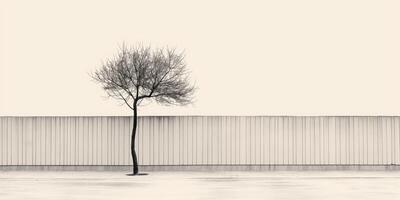 Lonely tree standing against a minimalist, white, urban background, simple and stark, representing solitude and minimalism, solitude concept photo