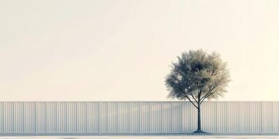 Solitary tree next to a white metal fence on white background, minimalistic lonely single tree design, calm atmosphere concept photo