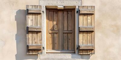 Rustic wooden window with closed shutters in an old stone wall, vintage architecture design, rustic charm concept photo